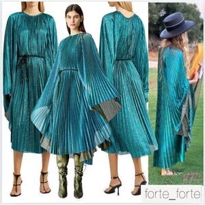 Forte‎ Forte Kaftan Dress Pleated Lame Tulle Emerald Blue Metallic Size 4